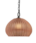 One Light Outdoor Plug In Pendant Lighting With Plastic Rattan Shade Frosted Inner Layer Bronze Hanging Cord And Chain Indoor Outdoor Compatible Ceiling Light For Patio Porch Or Balcony Chill Vibe Ambience close-up view with light on.