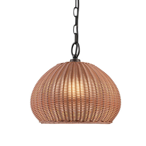 One Light Outdoor Plug In Pendant Lighting With Plastic Rattan Shade Frosted Inner Layer Bronze Hanging Cord And Chain Indoor Outdoor Compatible Ceiling Light For Patio Porch Or Balcony Chill Vibe Ambience close-up view with light on.