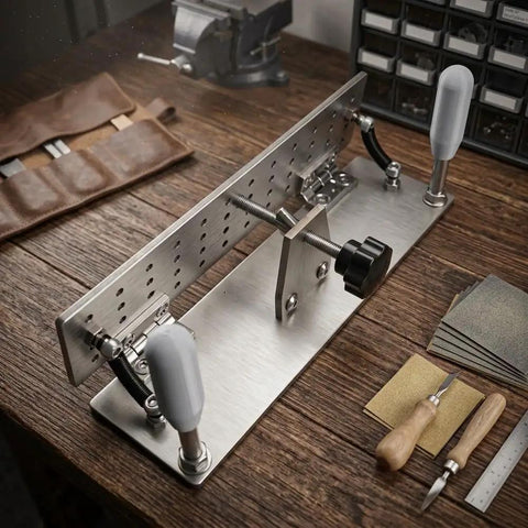Evenoonest Portable V Clamp Sanding Machine Stainless Steel Handheld Belt Sander Fixed Angle Sharpener setup on wooden workbench.