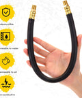 Solid Brass Short Air Compressor Hose Two Pack 18 Inch with flexible black tubing held in hand, showcasing NPT threads.
