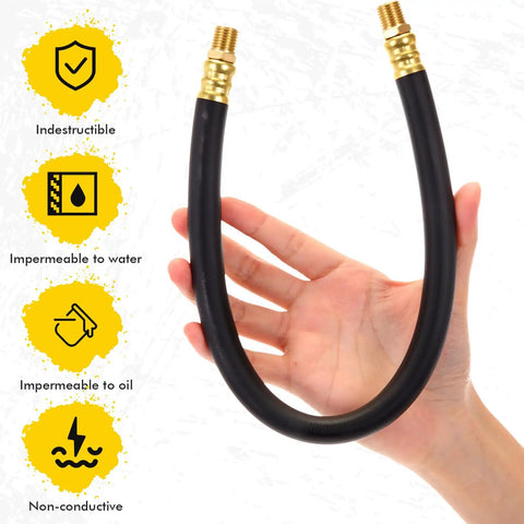 Solid Brass Short Air Compressor Hose Two Pack 18 Inch with flexible black tubing held in hand, showcasing NPT threads.