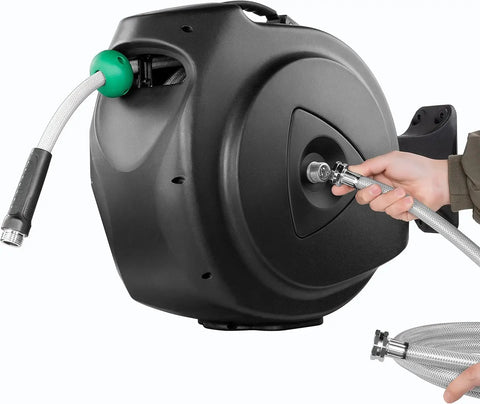 Retractable Garden Hose Reel With 100 Ft 5/8 Inch Hose Wall Mounted 180 Degree Swivel Bracket 9 Pattern Sprayer