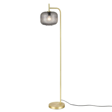 Etched Glass Floor Lamp With Brushed Brass Finish Smoke, Retro Vibe Meets Mid Century Modern Style, Slim Stem Design, On Off Foot Switch