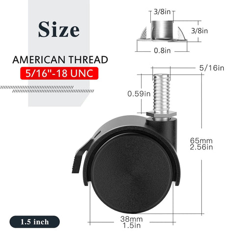 Andutees 1.5in black locking caster wheel with threaded 5/16-18 UNC stem for tables, cabinets, storage racks.