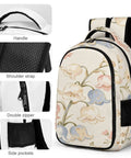 Multicolor Bluebell Linen Pattern Backpack For Everyday Carry Unisex Large Capacity Durable Polyester Breathable Design With Smooth Zipper Easy To Clean Ideal For School Work Travel, showing handle, shoulder strap, double zipper, and side pockets