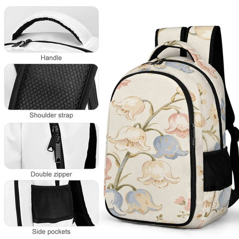 Multicolor Bluebell Linen Pattern Backpack For Everyday Carry Unisex Large Capacity Durable Polyester Breathable Design With Smooth Zipper Easy To Clean Ideal For School Work Travel, showing handle, shoulder strap, double zipper, and side pockets