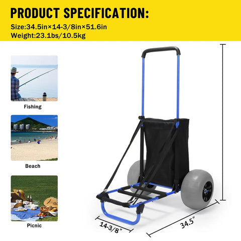 Beach Wagon Cart With 13 Inch Balloon Wheels, 165 Pound Load, Folding Sand Cart, Adjustable Height From 33.1 To 51.6 Inches