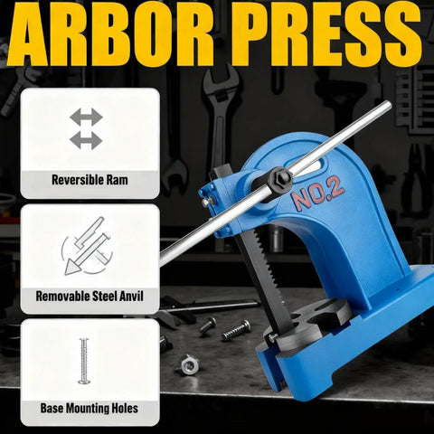 Built Like A Tank 2 Ton Manual Arbor Press Rock Solid Cast Iron showing features like reversible ram and steel anvil.