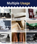 Image showing multiple uses of a self adhesive leather repair patch on furniture and items like sofas, car seats, and jackets.