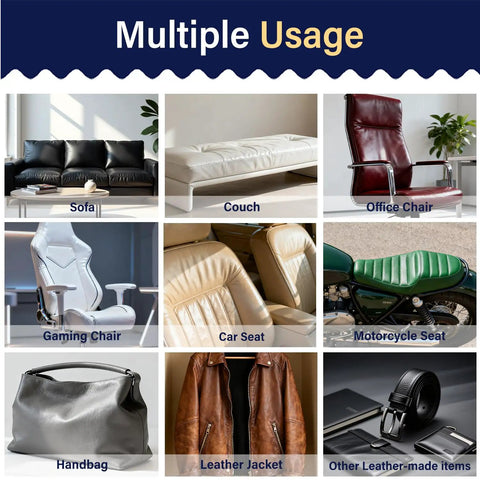 Image showing multiple uses of a self adhesive leather repair patch on furniture and items like sofas, car seats, and jackets.