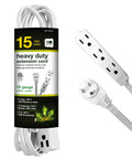 15ft Heavy Duty Extension Cord With 3 Outlets Grounded Plug Flush Fit Design That Sits Tight Against Walls 16/3 SPT-3 Contractor Grade Ideal For Home And Small Appliances, shown coiled with packaging details visible.