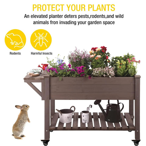 Big Ol Raised Garden Bed On Wheels with Grow Grid and Storage Shelf, featuring flowers, tools, and an animal deterrent in use.