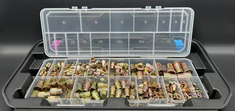 Assorted rivet nuts from Beast Mode 16 Inch Rivet Nut Tool Kit With 17 Metric And SAE Mandrels, organized in a clear case.