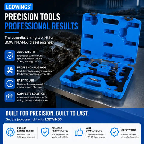 BMW Timing Tool Kit With Camshaft Locking And Crankshaft Alignment Set For N47 N47S N57 2.0L 3.0L Diesel Engines in blue case.