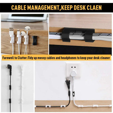 Strong Self Adhesive Cable Clips For TV And PC Wire Management showing clips holding cables on desk and wall.