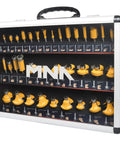 Pro Grade 35 Piece Router Bit Kit One Quarter Inch Shank Carbide Bits Set For Woodworking in aluminum case, yellow bits displayed