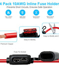 4 Pack Heavy Hitter 10 Awg Inline Fuse Holder 12V Waterproof With 24 Blade Fuses showing premium copper wires and fuse fix socket.
