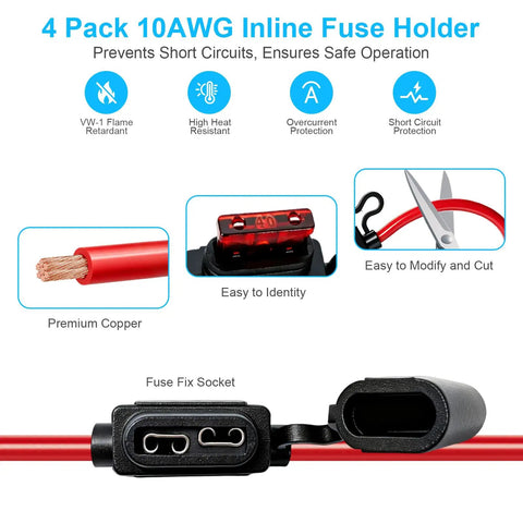 4 Pack Heavy Hitter 10 Awg Inline Fuse Holder 12V Waterproof With 24 Blade Fuses showing premium copper wires and fuse fix socket.