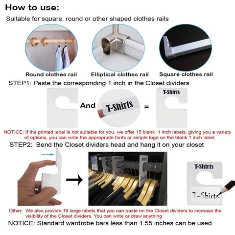 Instructional image showing how to use Pearl White Large Rectangular Closet Dividers Set with 16 clothing rack size dividers.