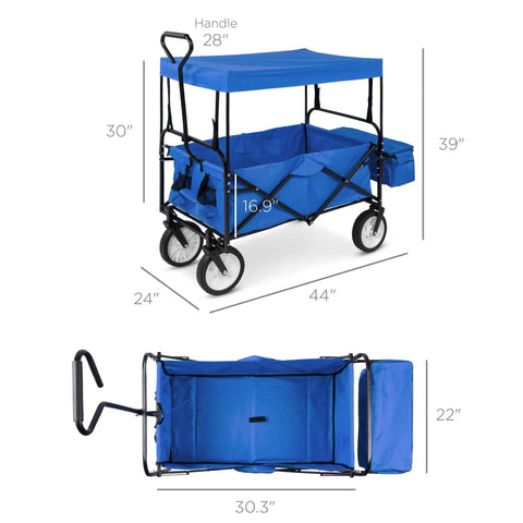 Grab And Go Collapsible Outdoor Utility Wagon With Removable Canopy dimensions and design details shown