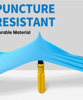 Blue nitrile exam glove material stretched between hands over a yellow tool (front view)