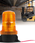 30 Led Amber Forklift Strobe Light 30W Heavy Duty Vehicle Safety Beacon with orange top in warehouse setting next to forklift.