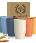 Eco Friendly Wheat Straw Cups Set Unbreakable Drinking Glasses Stackable 12 Oz Tumblers For Kitchen Camping Party RV Dishwasher Freezer Microwave Safe 6 Pack displayed with packaging.