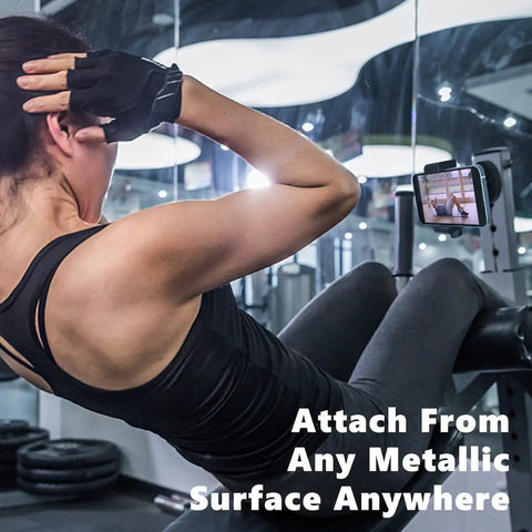Woman using Heavy Duty Rugged Magnetic Phone Mount Holder with Hella Strong 50 Lbs Pull Force Magnet Clamp at the gym.