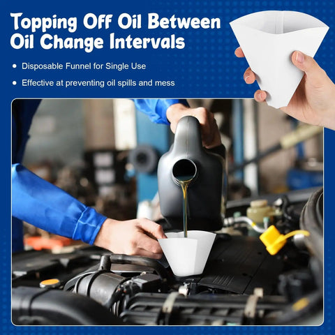 Person using a 50 Pack Disposable Paper Oil Funnels, 10 Oz Capacity, Large Engine Oil Change Cones For Gas Cars, Single-Use Dispensers