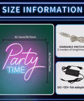 Lit LED Neon Light Sign with Dimmable Switch for Birthdays Weddings Parties and Festivals Indoor Outdoor Decor Safe Energy Saving Silicone Tube Light Strip size information with adapter and switch.