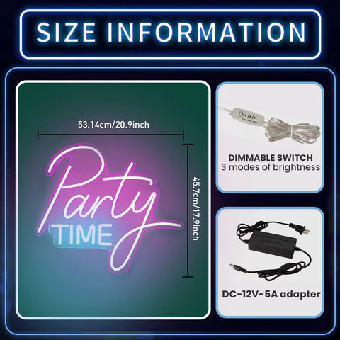 Lit LED Neon Light Sign with Dimmable Switch for Birthdays Weddings Parties and Festivals Indoor Outdoor Decor Safe Energy Saving Silicone Tube Light Strip size information with adapter and switch.