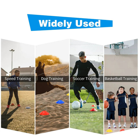Collage showing 25 Pack Disc Cones with Carry Bag for soccer drills, dog training, speed training, and basketball training.