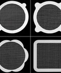 Four different shapes of 10pcs Shower Drain Hair Catcher Mesh Stickers, Square, designed for effective hair catch in drains.