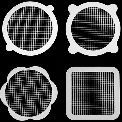 Four different shapes of 10pcs Shower Drain Hair Catcher Mesh Stickers, Square, designed for effective hair catch in drains.