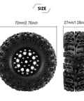 Front and side view of 1.3 Inch Wheel Tires Set With S5 Swamp Claw Mud Terrain Tread And Aluminum Wheels For 1/18 And 1/24 RC Crawlers