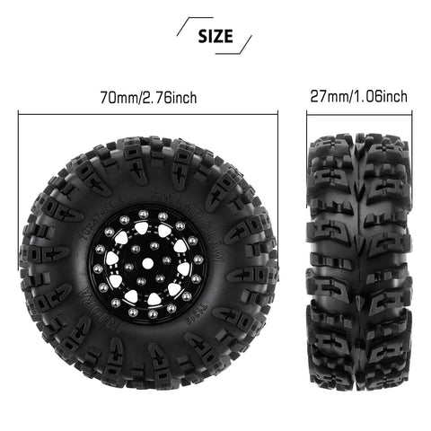 Front and side view of 1.3 Inch Wheel Tires Set With S5 Swamp Claw Mud Terrain Tread And Aluminum Wheels For 1/18 And 1/24 RC Crawlers