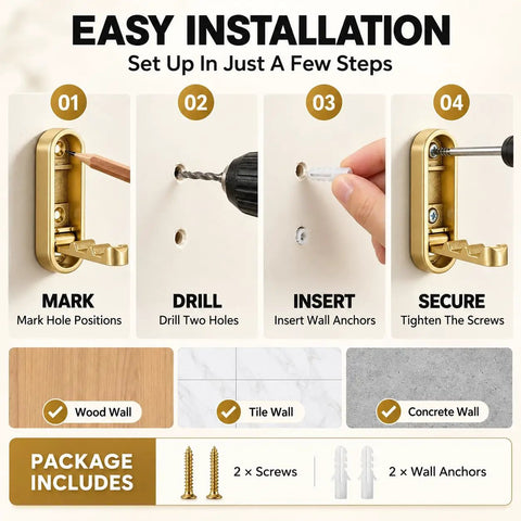 Easy installation guide for Big Shot Heavy Duty Foldable Wall Hooks Built From Tough Zinc Alloy Featuring A Clean Gold Tone.