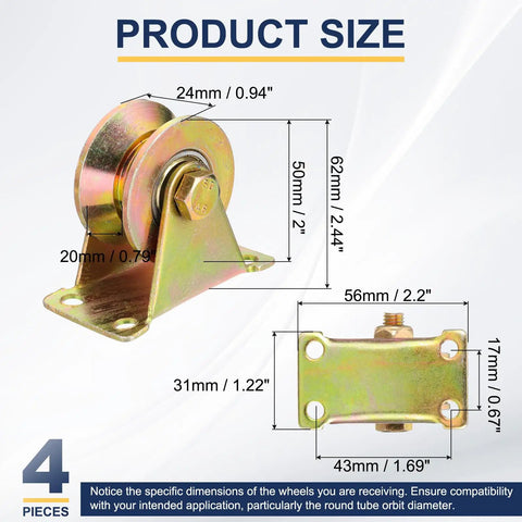 2 Inch V Groove Steel Casters Heavy Duty Gate Roller Kit 330 Lb Load Rating With Bracket dimensions illustration showing size and specifications.