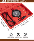 Top view VECKYJL vacuum gauge tester kit in red case with hoses and brass adapters for automotive fuel pressure testing.