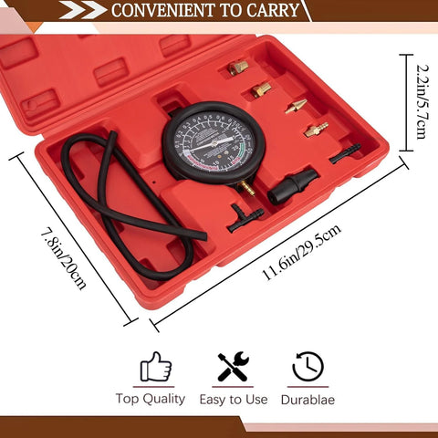 Top view VECKYJL vacuum gauge tester kit in red case with hoses and brass adapters for automotive fuel pressure testing.