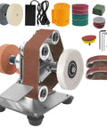 Compact Electric Mini Belt Sander Featuring Slick 7 Speed Controls And Hella Precise Angle Adjustments For Wood Metal Projects Plus Complete Polishing Sanding Kits on stainless steel base with sanding belts and pads.