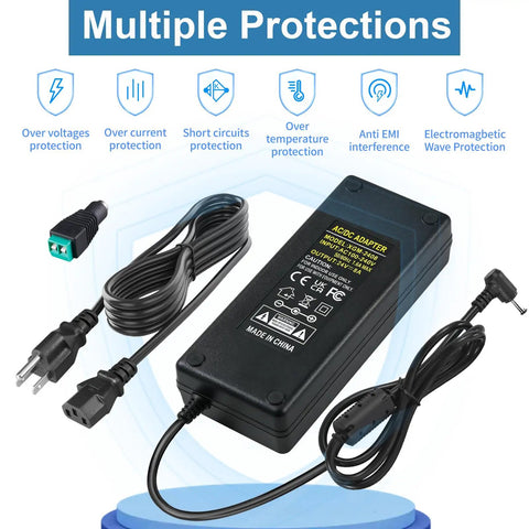 24V 8A DC Power Supply Adapter Kit With 192W Output and 7.2 Ft Cable, shown with multiple safety protections.
