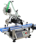 Automatic Desktop Conveyor Labeler 110V Works Like A Charm For Crisp Flat Applications with blue conveyor belt and control panel.