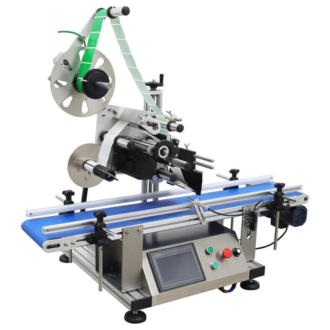 Automatic Desktop Conveyor Labeler 110V Works Like A Charm For Crisp Flat Applications with blue conveyor belt and control panel.