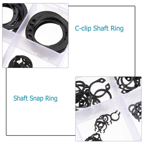 175 Piece Black External C Clip Shaft Retaining Rings Snap Ring Kit For Industrial Use in a transparent box.