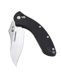 EDC Folding Knife With 14C28N Satin Blade, Rugged G10 Handle, detailed view of knife open at angle.