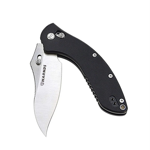 EDC Folding Knife With 14C28N Satin Blade, Rugged G10 Handle, detailed view of knife open at angle.