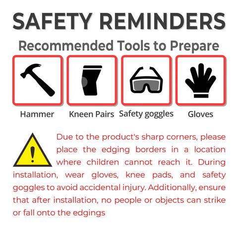 Safety tools reminder for Heavy Duty Metal Garden Border Set 20 Ft With Bendable Hammer In Landscape Edgings And 6 Plastic Stakes
