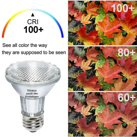 Image showing PAR20 Halogen Light Bulbs 39W Dimmable 3000K Warm White Flood Lamps, with CRI comparison for color rendering.