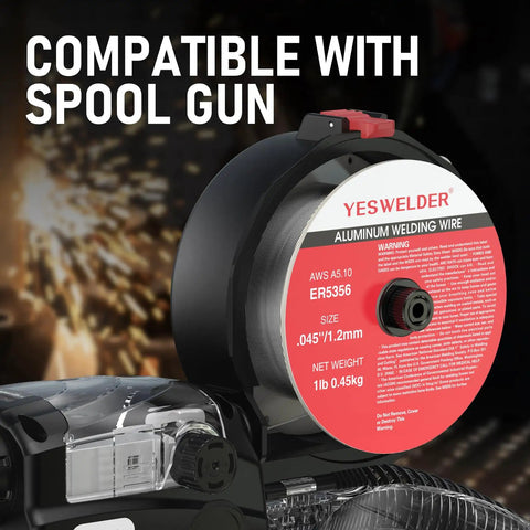 Go-To ER5356 Aluminum Welding Wire.045 Inch MIG Wire, 1 Pound ABS Spool with label details and sparks background